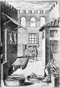 Vista de una cocina. Al fondo, un hombre afila los cuchillos mientras otro lava los platos. Grabado de 