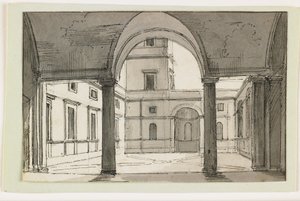 Vista de una columnata y patio italianos