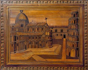 Vista de la Catedral de Pisa (Duomo di Santa Maria Assunta di Pisa) y de la Torre colgante en la Plaza de los Milagros (Piazza dei Miracoli) Marquetería del siglo XV. Conservada en el presbiterio de la catedral de Pisa de Italian School