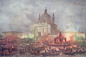 Vista de la Chiesa del Redentore y barcos en el día de carnaval de Italian School