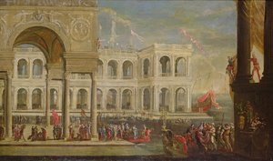 Vista del palacio y la reina Juana I de Nápoles de Italian School