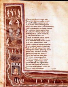 Vista del inframundo, personajes y monstruos, almas errantes en los círculos del inframundo, ilustración para Hércules Furioso de Séneca (Miniatura) de Italian School