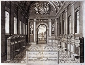 Vista del museo de Michele Mercati (1541-1595), administrador de los Jardines Botánicos del Vaticano. Grabado de “Metallotheca...” Roma 1717 - 1719