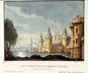 Vista de las murallas de Calais en 1347 durante la Guerra de los Cien Años, escenografía para la ópera 