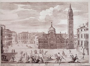 Vista de la plaza de la iglesia de Santa Maria Formosa en Venecia (grabado) de Italian School