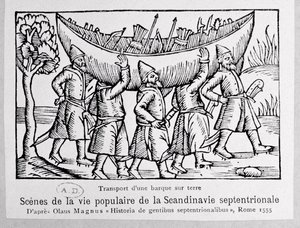 Vikingos llevando un barco a Rusia, ilustración de Historia de Gentibus Septentrionalibus por Olaus Magnus (1490-1558), publicada en Roma, 1555 de Italian School