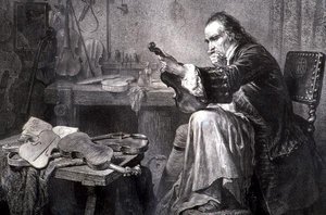 Un fabricante de violines en su taller (grabado)