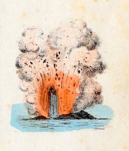 Volcán de las Islas Eolias en erupción, con un gran chorro de lava acompañado en la explosión por una copiosa cantidad de gas y ceniza, Litografía Corbetta, Milán de Italian School
