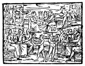 Brujas y hechiceros festejando en el Sabbath, ilustración del Compendium Maleficarum de Francesco Maria Guazzo, 1608 de Italian School