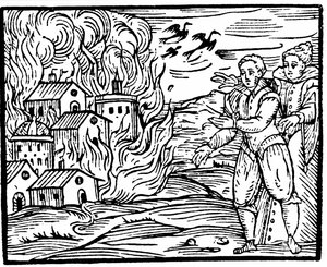 Brujas destruyendo una casa por fuego, Suabia en 1533, ilustración del Compendium Maleficarum de Francesco Maria Guazzo, 1608