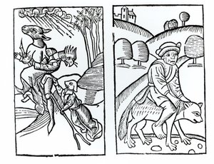 Brujas disfrazadas de animales montando una escoba (izquierda) y brujo masculino montando un lobo (derecha), copias de ilustraciones del Compendium Maleficarum por Fr M Guaccius, Milán 1608, usadas en Historia de la Magia
