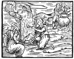 Brujas asando y hirviendo infantes, copia de una ilustración del Compendium Maleficarum por Fr M Guaccius, Milán 1608, usada en Historia de la Magia, publicada a finales del siglo XIX de Italian School