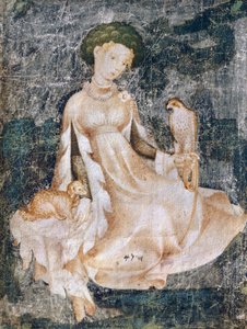 Mujer sentada en el suelo con perro y halcón, Dibujo en acuarela, Francia de Italian School