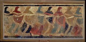 Mujeres realizando la danza ceremonial funeraria en cadena, de Ruvo, siglo IV a.C.