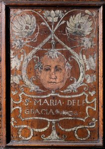 Banco de madera decorado con un rostro y la inscripción "Santa Maria delle Gracia", sacristía del bramante 1429-1481 Basilica di Santa Maria delle Grazie Milan (banco de madera decorado con un rostro y la inscripción "Santa Maria delle Gracia", sacristía d de Italian School