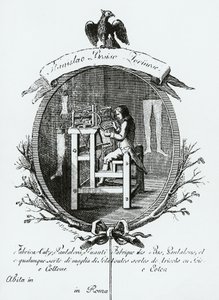 Trabajador en telar, imagen publicitaria de Stanislaus Bosisio Torinese, fabricante de calcetines, pantalones, guantes y todo tipo de prendas de punto de seda y algodón, grabado, Italia de Italian School