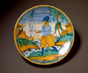 Joven de la nobleza. Plato de cerámica producido en Viterbo, Italia. Finales del siglo XVI. Florencia, Museo Nazionale del Bargello de Italian School