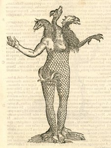 Ilustración de Monstrum triceps capite Vulpis, Draconis, & Aquilae de Historia de Monstruos de Aldrovandi, 1642