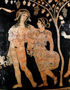 Detalle de un jarrón de Ruvo, en Apulia (Apulia), que representa a una pareja de jóvenes casados. Sostienen en sus manos una copa de vino. Siglo IV a.C. Museo Archeologico Nazionale Nápoles de Italic