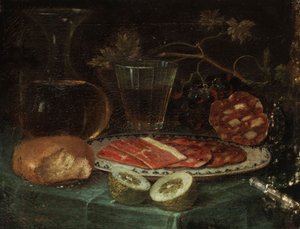Bodegón con trozo de pan, jarra de cristal, copa de vino, plato con jamón y embutido, limón y cuchillo con mango de nácar de Italo flämischer Maler des 17. Jahrhunderts