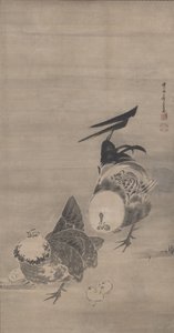 Gallos, gallina y pollitos, derecha de un par, 1795 de Ito Jakuchu