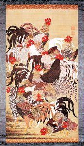 Trece gallos, de Doshoku Sai-e (Colorido reino de los seres vivos) Periodo Edo. c.1757-66 (color sobre seda) de Ito Jakuchu