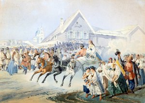 Scene de mariage - Wedding Scene par Golyshev, Ivan Alexandrovich (1838-1896), - Litografía, acuarela, 33,5x47 - Colección privada de Ivan Alexandrovich Golyshev