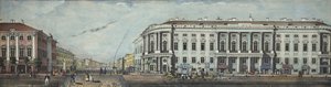 El Puente de la Policía con el Palacio Stroganov. Desde la panorámica de la Avenida Nevsky, 1830 de Ivan Alexeyevich Ivanov