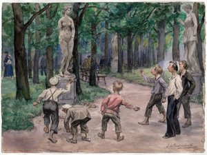Competition sportive dans le jardin imperial, Saint Petersbourg (des enfants jettent des cailloux sur une statue de femme nue) - Competición deportiva en los jardines imperiales: Petrogrado, julio de 1921 (de la serie de acuarelas Revolución rusa) - Vladim de Ivan Alexeyevich Vladimirov