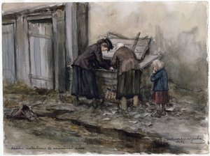 Deux femmes et un enfant cherchant leur repas dans une poubelle - Dos mujeres y un niño buscando en un cubo de basura (de la serie de acuarelas Revolución rusa) - Vladimirov, Ivan Alexeyevich (1869-1947) - 1919 - Acuarela sobre papel - 25,8x34,5 - P de Ivan Alexeyevich Vladimirov