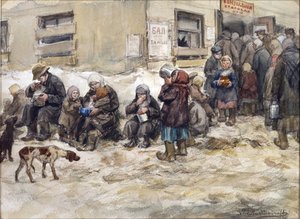 Años de hambre en Petrogrado. Comedor comunal", de Vladimirov, Ivan Alexeyevich (1869-1947). Acuarela, gouache sobre papel. Colección privada de Ivan Alexeyevich Vladimirov