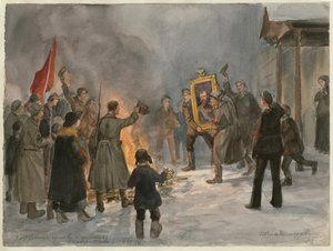 Soldados quemando cuadros (de la serie de acuarelas Revolución rusa) - Oeuvre de Ivan Alexeyevich Vladimirov (1869-1947) - 1917 - Acuarela sobre papel - 25,7x34,5 - Colección privada de Ivan Alexeyevich Vladimirov