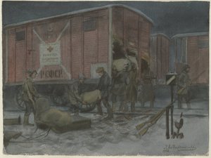 Soldados saqueando un vagón de tren de la serie de acuarelas Revolución rusa, 1922 de Ivan Alexeyevich Vladimirov