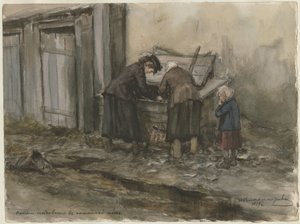 Dos mujeres y un niño buscando en un cubo de basura de la serie de acuarelas Revolución rusa