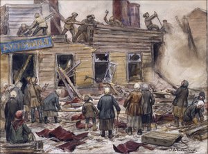 Obreros demoliendo casas de madera para obtener combustible por Vladimirov, Ivan Alexeyevich (1869-1947). Acuarela, gouache sobre papel de Ivan Alexeyevich Vladimirov