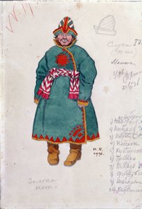 Dibujo de vestuario para la ópera ""The Tales of Tsar Saltan"" de Nicholas (Nikolai) Rimsky Korsakov (Rimsky-Korsakov) (1844-1908) (Diseño de vestuario para la ópera The Tale of Tsar Saltan de N. Rimsky-Korsakov (Rimsky Korsakov) Dibujo de Ivan Yakolevich  de Ivan Yakovlevich Bilibin