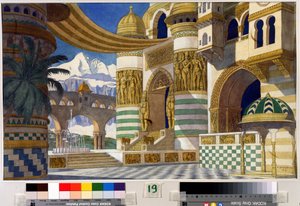 Dibujo preparatorio para la decoración de la ópera "Rouslan and Ludmila" de Mikhail Igor Glinka (1804-1857) (Escenografía para la ópera Ruslan and Ludmila de M.Glinka). Pintura de Ivan Yakolevich Bilibin (Bilibin) (1876-1942). Acuarela y tinta sobre papel,