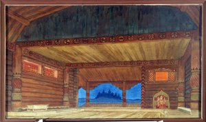 Dibujo preparatorio para la decoración de la ópera Ruslan y Ludmila de Mikhail Igor Glinka (1804-1857) (Escenografía para la ópera Ruslan y Ludmila de M.Glinka). Pintura de Ivan Yakolevich Bilibin (Bilibin) (1876-1942). Acuarela sobre papel, 36 x 61 cm de Ivan Yakovlevich Bilibin