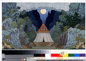 Dibujo preparatorio para la escenografía de la ópera ""el gallo de oro"" de Nicholas (Nikolai) Rimsky Korsakov (Rimsky-Korsakov) (1844-1908) (Escenografía para la ópera El gallo de oro de N. Rimsky-Korsakov (Rimsky Korsakov Dibujo de Ivan Yakolevich Bilibi