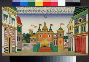 Dibujo preparatorio para el conjunto de la ópera El gallo de oro de Nicholas (Nikolai) Rimsky Korsakov (Rimsky-Korsakov) (1844-1908) . Pintura de Ivan Yakolevich Bilibin (Bilibi