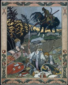 Ilustración para el cuento de hadas Maria des mers (Ilustración para el cuento de hadas Marya Morevna). El príncipe Iván descubre al ejército derrotado por María Morevna, la reina guerrera. Obra de Ivan Yakovlevich Bilibin (Bilibin) (1876-1942), acuarela y