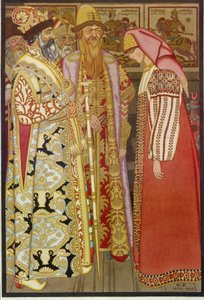 La esposa del arquero ante el zar y su séquito, ilustración del cuento ruso ""Ve, no sé adónde, trae de vuelta no sé qué"" (La esposa del arquero ante el zar y su séquito) - Pintura de Ivan Yakolevich Bilibina (Bilibina) (1876-1942)
