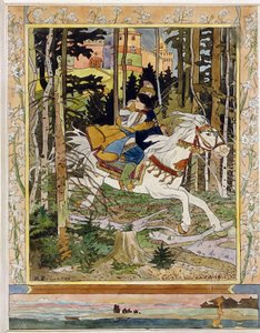 Príncipe Iván. (Iván Zarevich). Héroes de las leyendas del folclore ruso, montando un caballo blanco en el bosque, huyendo de un castillo y abrazando a Vassilissa La Tres Belle en sus brazos. Ilustración de Ivan Yakovlevich Bilibin (Bilibin) (1876-1942), a