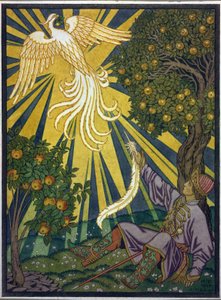 El príncipe agarra una pluma del pájaro de fuego. Ilustración para el cuento ""Ivan Tsarevitch, el pájaro de fuego y el lobo gris"". Obra de Ivan Yakovlevich Bilibin (Bilibine) (1876-1942), acuarela y gouache sobre papel. Arte ruso, siglo XX, simbolismo. de Ivan Yakovlevich Bilibin
