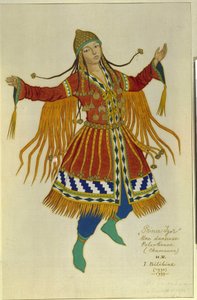 Un bailarín chamán polovtsiano (o couman, kuman). Vestuario para la ópera ""Príncipe Igor"" de Alexandre Borodin (Borodin) (1833-1887). Obra de Ivan Yakovlevich Bilibin (Bilibin) (1876-1942), acuarela sobre papel de Ivan Yakovlevich Bilibin