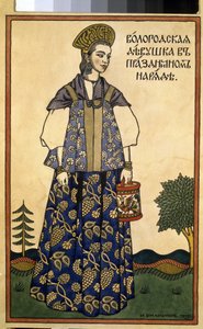 Una joven de Vologda con un vestido festivo. (Una doncella de Voloda en traje festivo). Con un Kokochnik, un tocado alto, y un sarafane, un vestido recto sin mangas, de la región al norte de Moscú. Obra de Ivan Yakovlevich Bilibin (Bilibin) (1876-1942), po de Ivan Yakovlevich Bilibin
