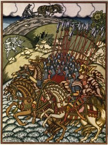 Volga Sviatoslavich (Vseslav de Polotsk (vers 1039-1101), gran príncipe de Kiev de 1068 a 1069) et Mikula Selyaninovich (?). Oeuvre de Ivan Yakovlevich Bilibin (Bilibine) (1876-1942), litografía