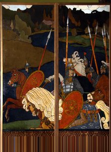 Volga Sviatoslavitch y su ejército. (Héroe legendario de Rusia, Vladimir I Sviatoslavitch (958-1015), Príncipe de Kyiv, conocido como El Gran Sol Rojo). Pintura de Ivan Yakovlevich Bilibin (Bilibin) (1876-1942), óleo sobre lienzo de Ivan Yakovlevich Bilibin