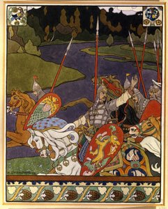 Volga Svyatoslavich y su ejército. (Volga Svyatoslavich y su ejército). Ilustración para epopeyas míticas inspiradas en el folclore del norte de Rusia. Obra de Ivan Yakovlevich Bilibin (Bilibin) (1876-1942), litografía