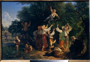Recogida de cerezas en el huerto de un terrateniente en Ucrania. Pintura de Ivan Ivanovich Sokolov (1823-1918), óleo sobre lienzo